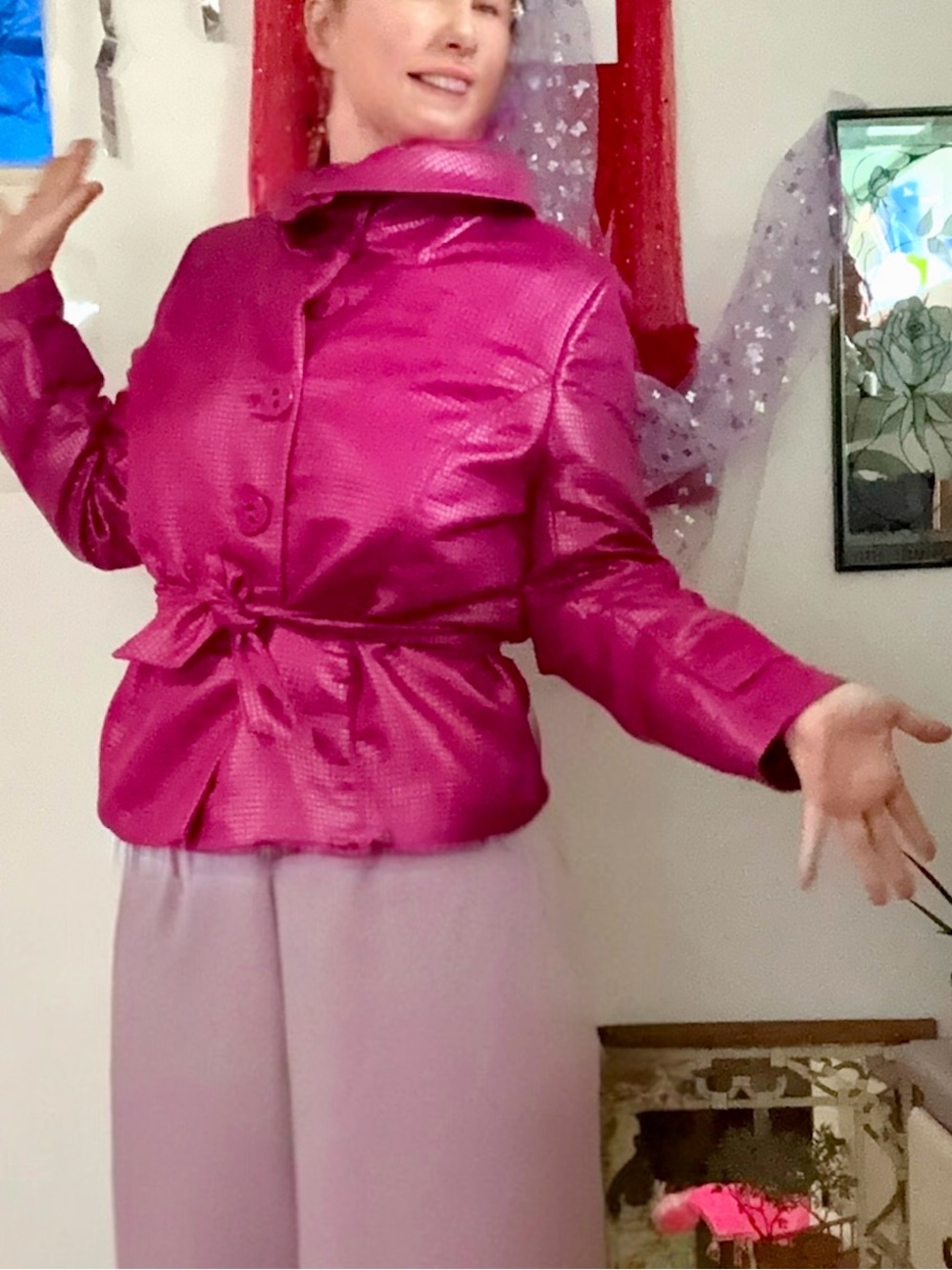 Hot Pink Fuchsia Textured Belted Jacket – XL – New